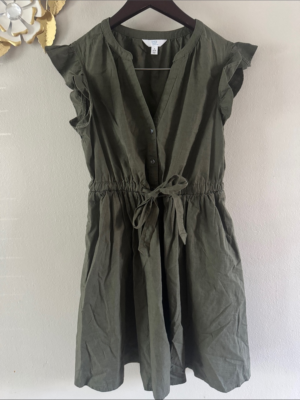 Ruffle Sleeve Olive Green Tie-Waist Dress
